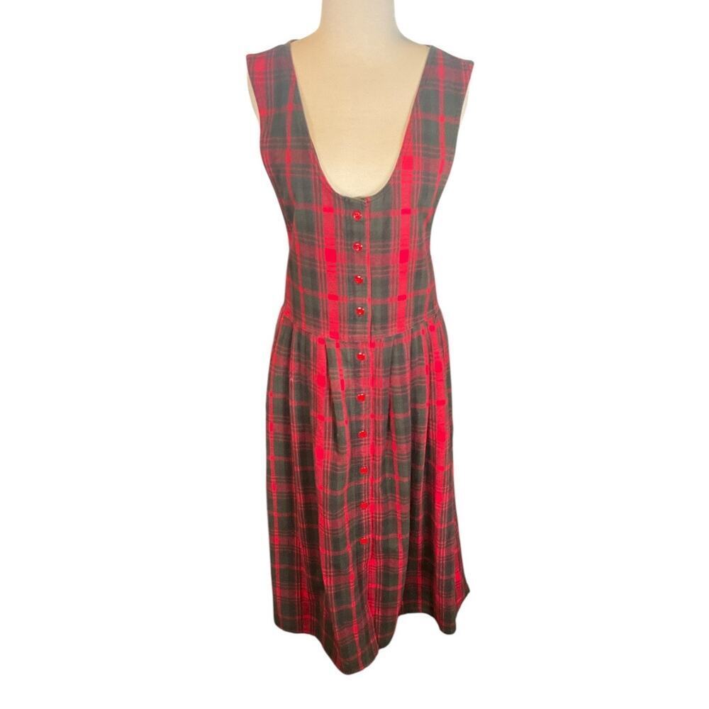 Vintage Woolrich Red Plaid Jumper Dress Sleeveless Buttons cottagecore Cotton L - Picture 11 of 12